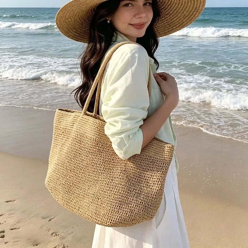 sac de plage en paille naturelle pour femmes, grand sac fourre-tout en rotin tissé à la main, léger, style bohème, pour les voyages en bord de mer, usage quotidien