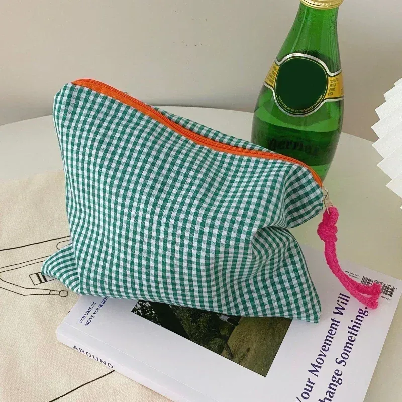 nouvelle trousse de maquillage à carreaux pour femme, grande capacité, en coton, avec fermeture éclair, pochette de voyage, sac cosmétique, nécessaire féminin