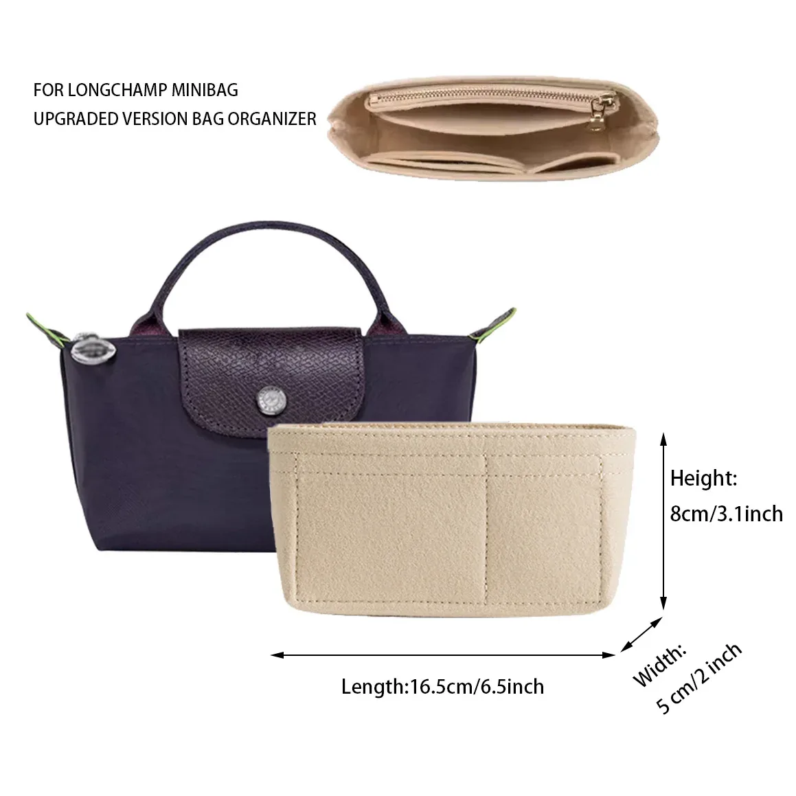 organisateur en feutre de qualité supérieure pour mini sac en nylon, ultra léger 30g, pochette intérieure, structeur de sac à main, doublure de maquillage avec fermeture éclair