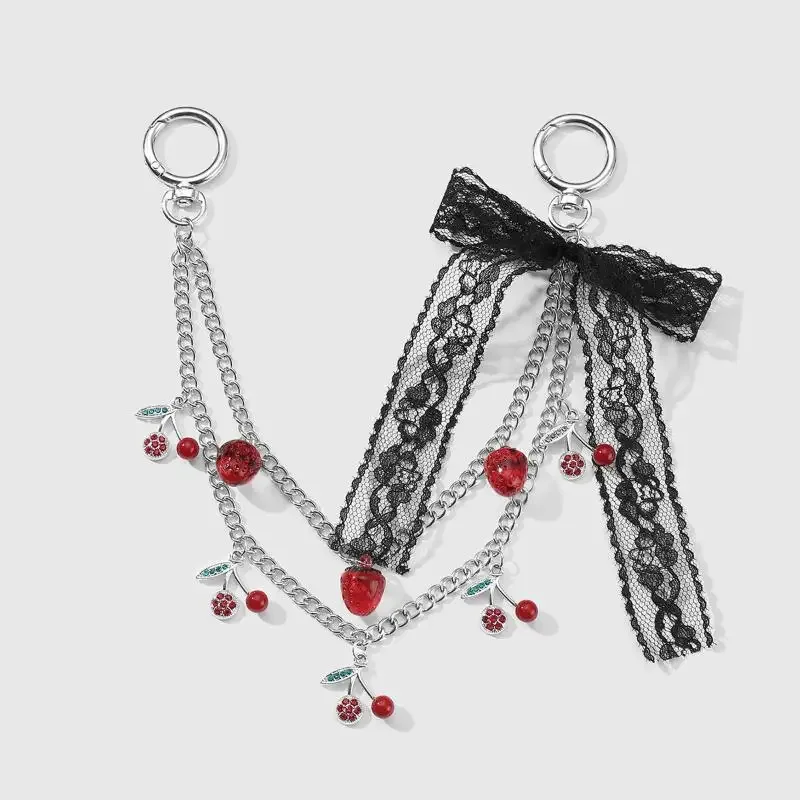 porte-clés en dentelle avec nœud cerise et fraise pour femmes, sacoche tendance, chaîne, pendentif de sac mignon, accessoires de décoration, cadeau