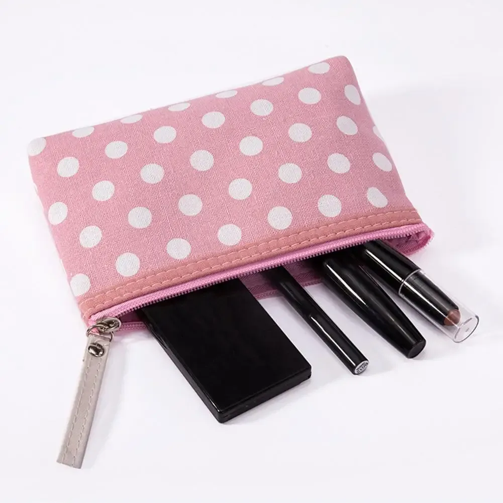 Jolie trousse de maquillage en toile à pois pour femmes, pochette de rangement portable pour cosmétiques, trousse de toilette de voyage à fermeture éclair, étui à crayons, organisateur
