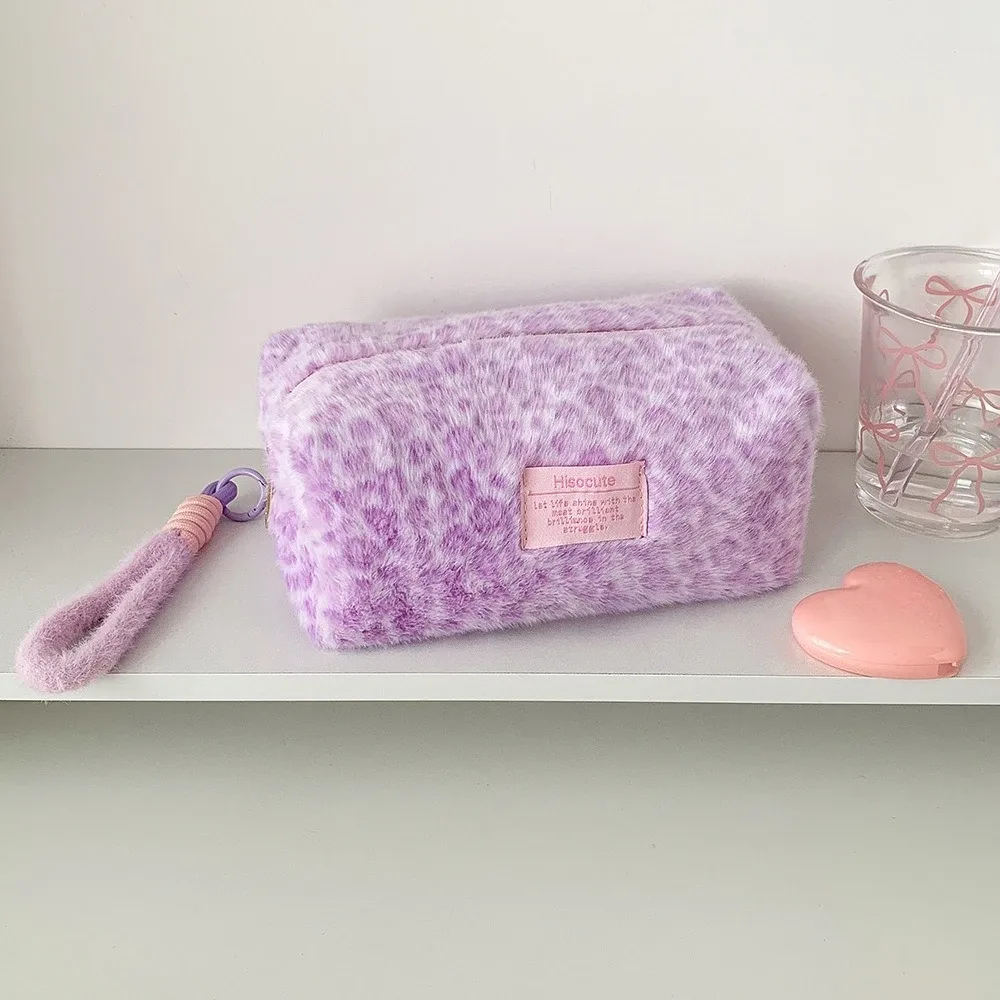 sac à cosmétiques en peluche imprimé léopard coréen d'hiver, trousse de maquillage pour femme, trousse à crayons pour étudiante, trousse de toilette portable pour organisateur de maquillage