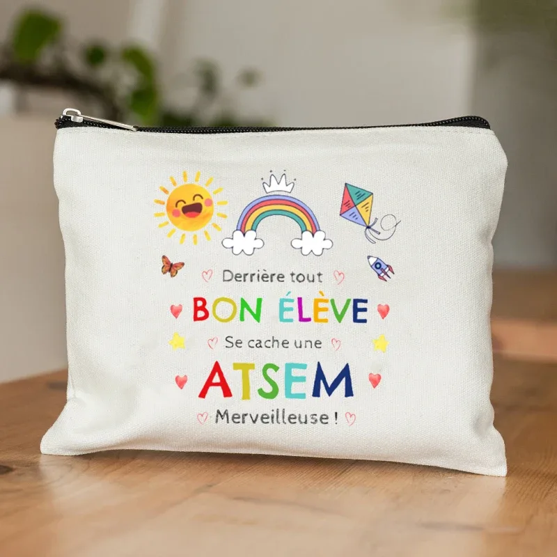 trousse de toilette au design d'appréciation atsem pour l'école française – pochette zippée en polyester durable avec trousse de maquillage inspirée de l'école française