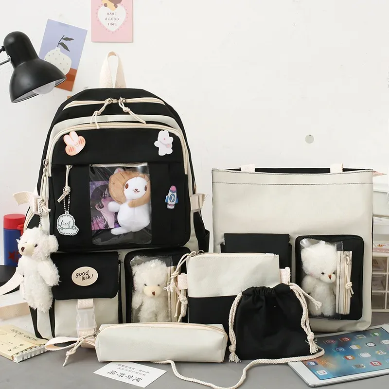 sacs d'école mignons kawaii pour filles, rose, bleu, vert, ensembles de 5 pièces, sac à dos étanche pour femmes, cartable décontracté coréen, mode 2023