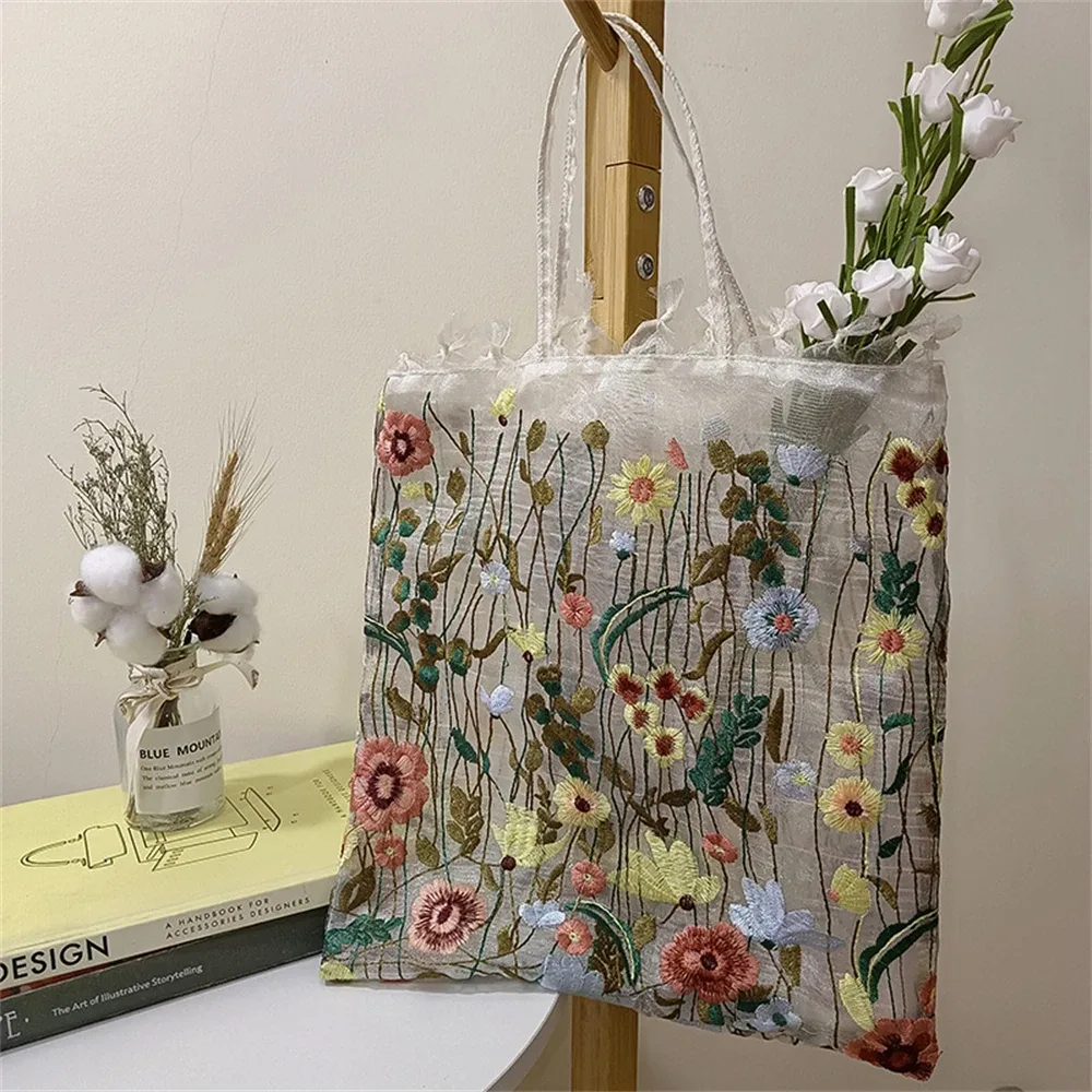 sac fourre-tout à la mode, nouveau style d'été en maille avec broderie complète de fleurs, sac à bandoulière transparent, sac à main romantique pour filles et femmes, sac de shopping écologique