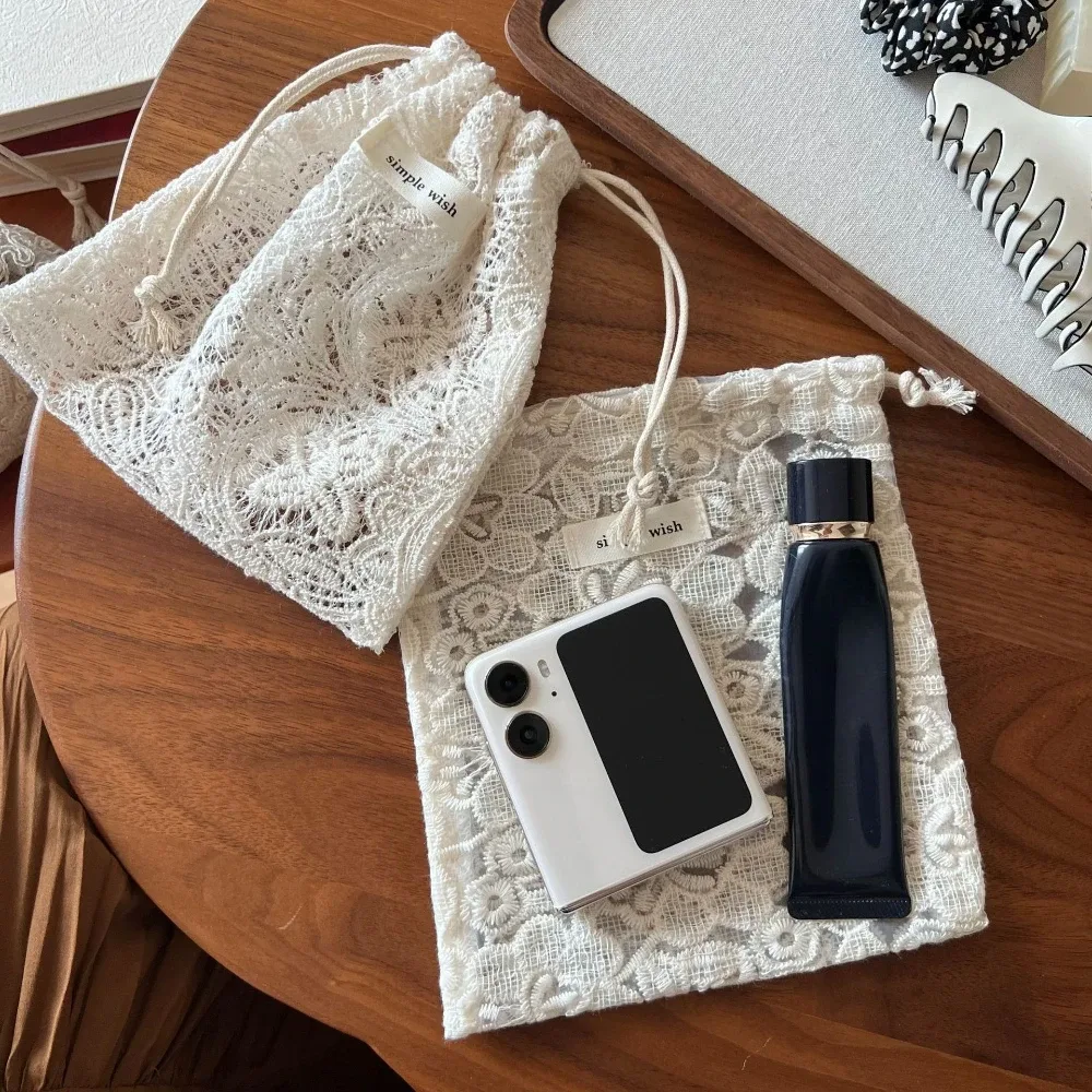 sacs de rangement cosmétiques vintage en dentelle blanche brodée, étuis en coton à motif floral ajouré avec cordon de serrage, pochette de rangement pour maquillage