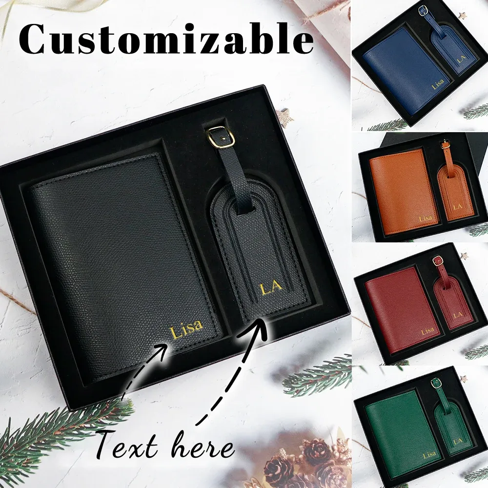 Porte-passeport de voyage en cuir pu avec nom personnalisé et étiquette anti-perte pour bagages avec boîte-cadeau de voyage essentielle