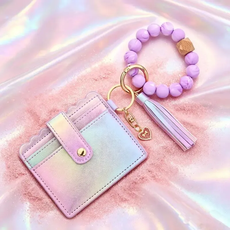 Porte-cartes Adorable pour Filles, Portefeuille Dégradé de Couleurs, Breloque Cœur, Bracelet Perles en Silicone, Étui en Cuir pour Cartes d'Identité - Organisateur Tendance
