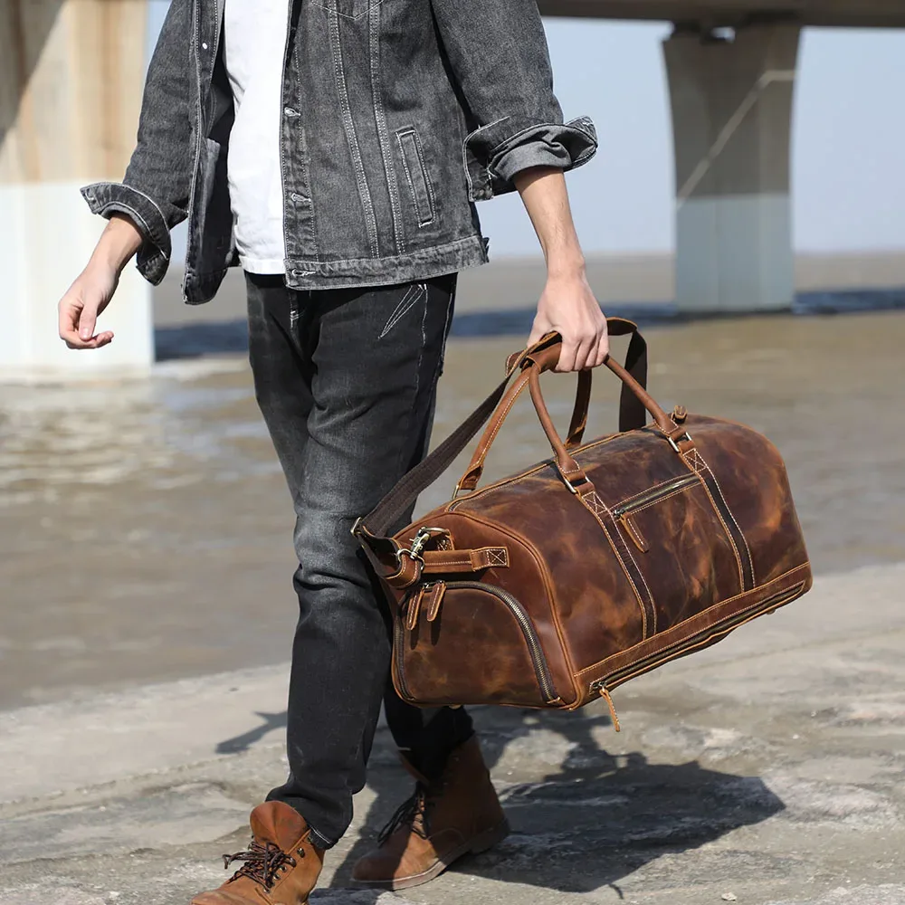 sac de voyage pour homme en cuir pleine fleur s.worker, multi-poches, grande capacité, sac de week-end, cuir pleine fleur