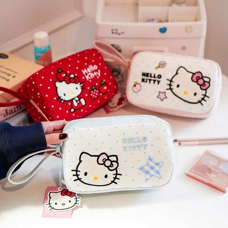Véritable trousse de maquillage Hello Kitty, grande capacité, sac de rangement à main mignon et adorable.