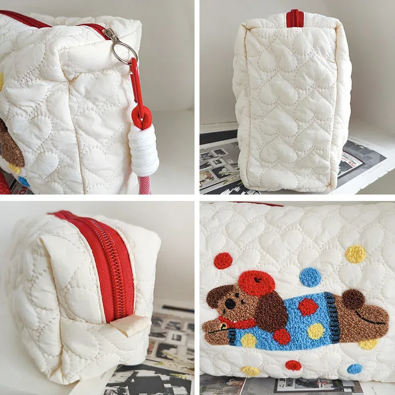 sacs à cosmétiques de dessin animé de grande capacité pour femmes, trousse de maquillage pour femmes, trousse à crayons pour filles, pochette à pois en forme de cœur, sacs à main matelassés pour dames
