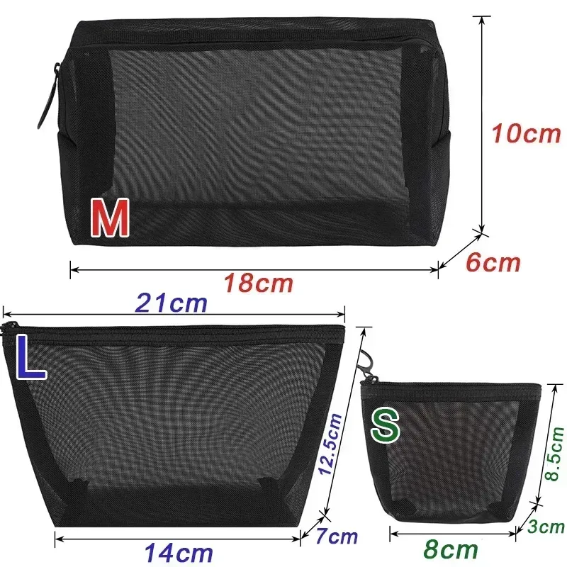 sacs de maquillage noirs transparents en maille, trousse à cosmétiques, étuis à crayons, pocommuniste pour poudres, petite et grande taille, 3 tailles