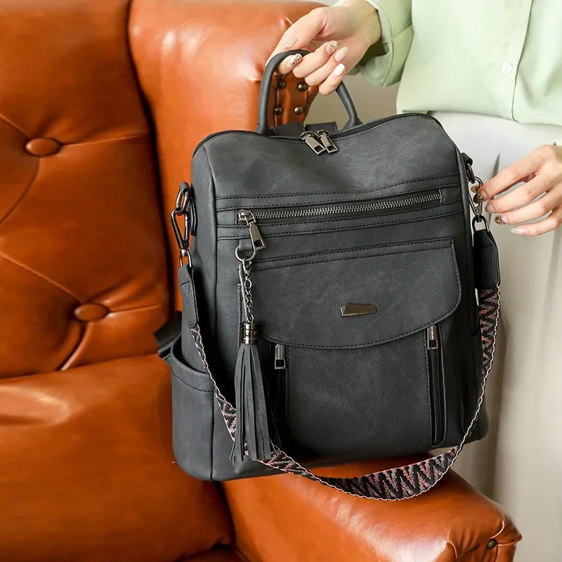 sac à dos en cuir pu pour femmes, étanche, antivol, grande capacité, détail pompon, rétro, voyage, affaires, collège, sac à bandoulière, 2025