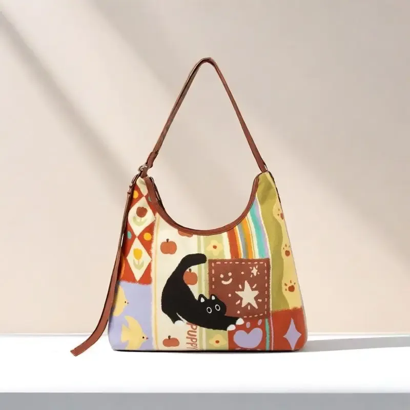 Nouveau collage créatif super mignon sac à bandoulière simple adorable chat fermeture éclair paresseux voile sac en tissu culturel créatif cadeau sac à bandoulière