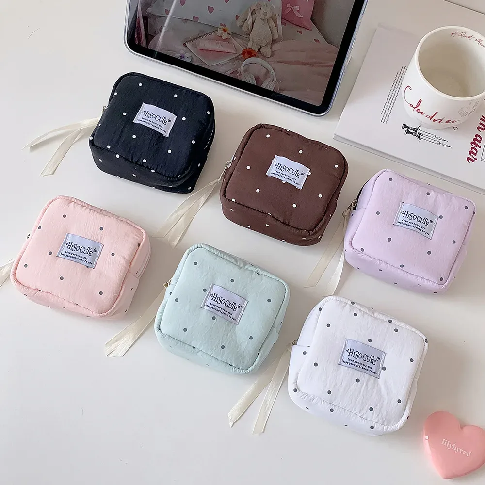 pochette cosmétique carrée à pois, petite pochette portable pour rouge à lèvres, sac de rangement simple pour serviettes hygiéniques pour étudiantes