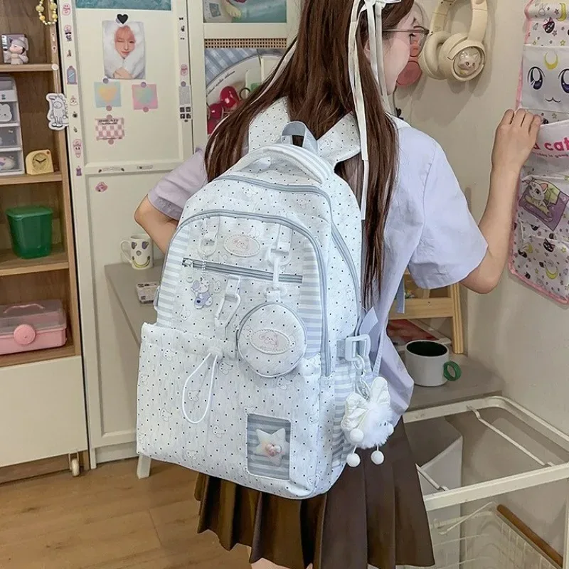 sac à dos rose à pois blancs pour adolescentes, léger et respirant, sac d'étudiant multi-poches, sac de transport imprimé dessin animé
