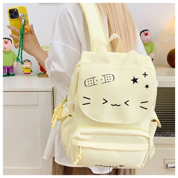 sac à dos chat kawaii avec imprimé emoji de dessin animé, sac à dos grande capacité pour adolescentes, petit sac détachable pour l'école ou les voyages