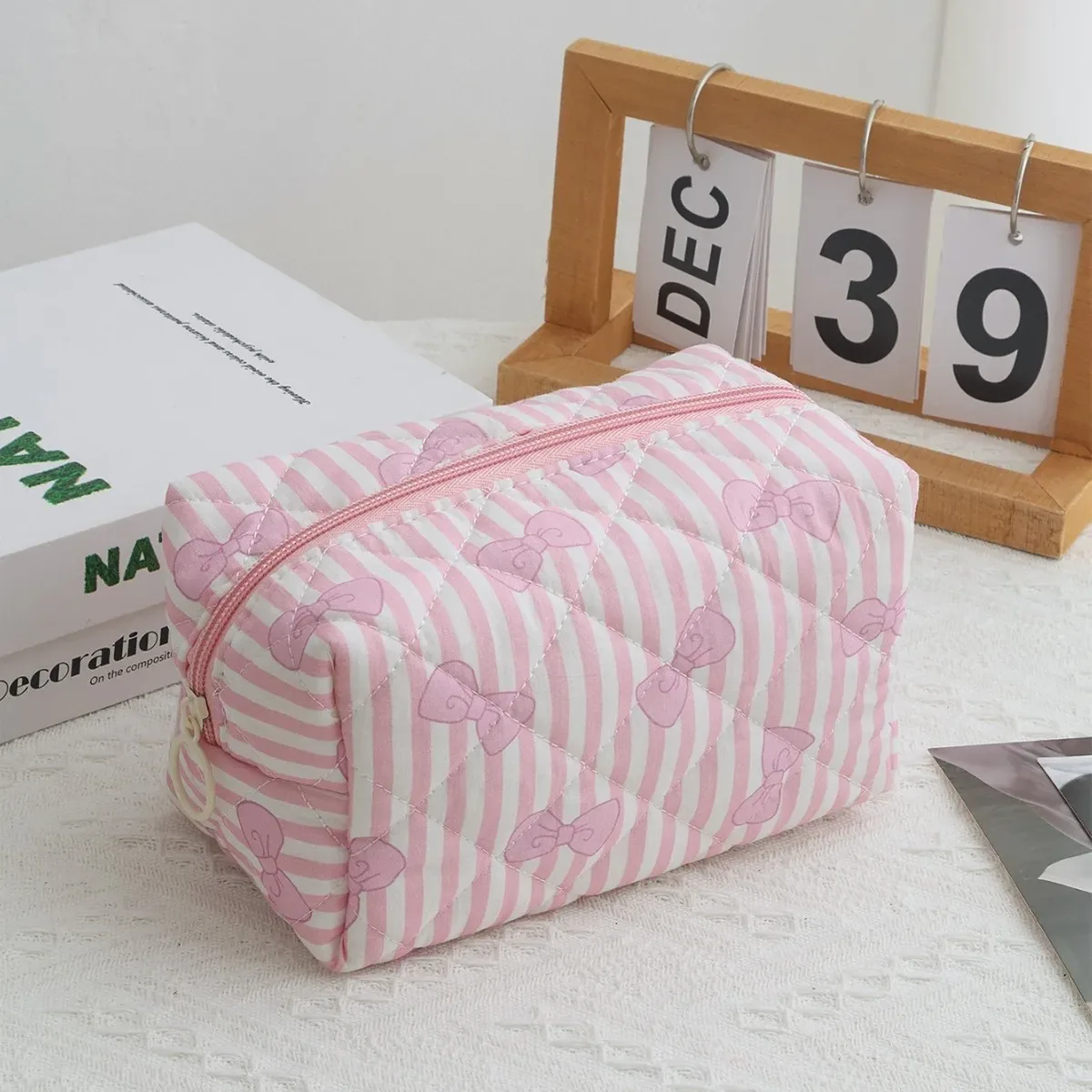trousse de maquillage en coton avec nœud floral, sac de rangement, imprimé de fleurs, poudres cosmétiques, grande trousse cosmétique de voyage