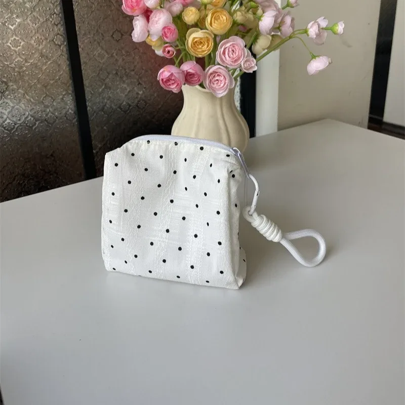 trousse de maquillage à points noirs pour femmes, pochette de rangement de cosmétiques, trousse de toilette de style doux