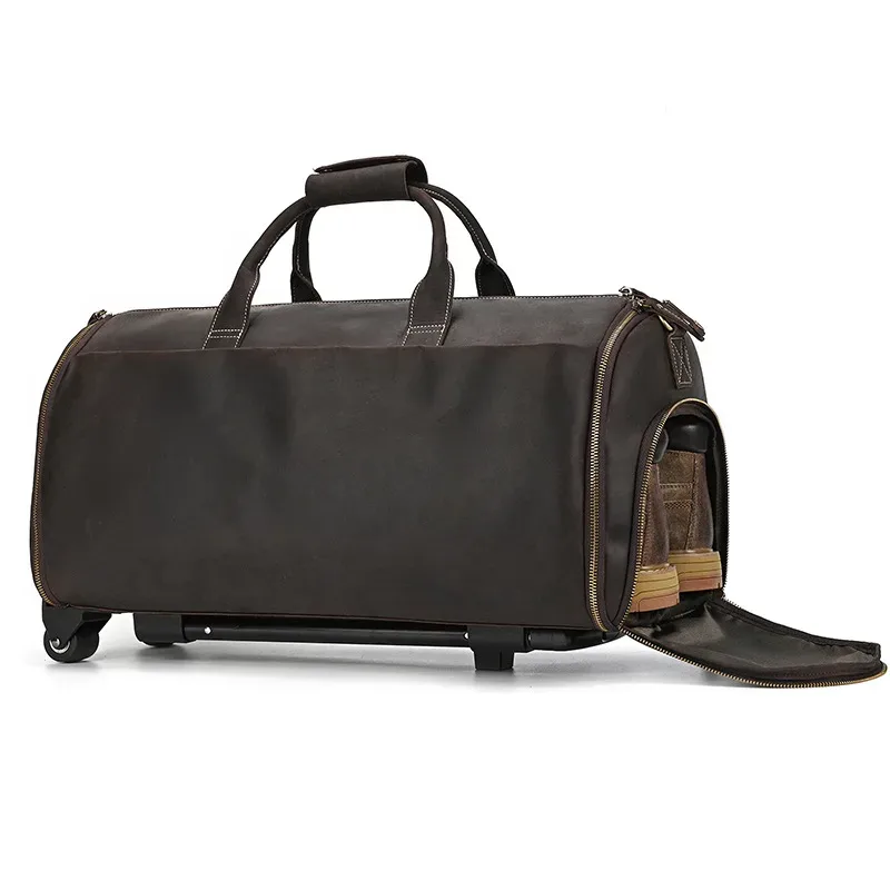sac de voyage à roulettes en cuir véritable pour homme, sac de sport roulant en cuir de vachette crazy horse d
