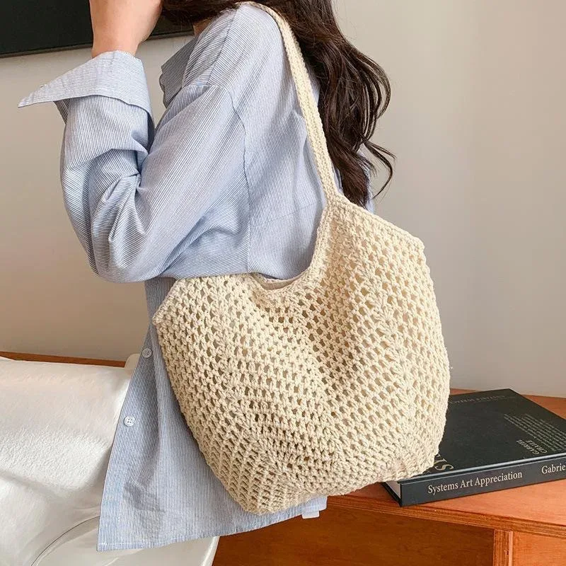 sac fourre-tout tissé respirant, sac à bandoulière de plage, sac de voyage décontracté ajouré pour les sorties d'une journée, la piscine et la plage