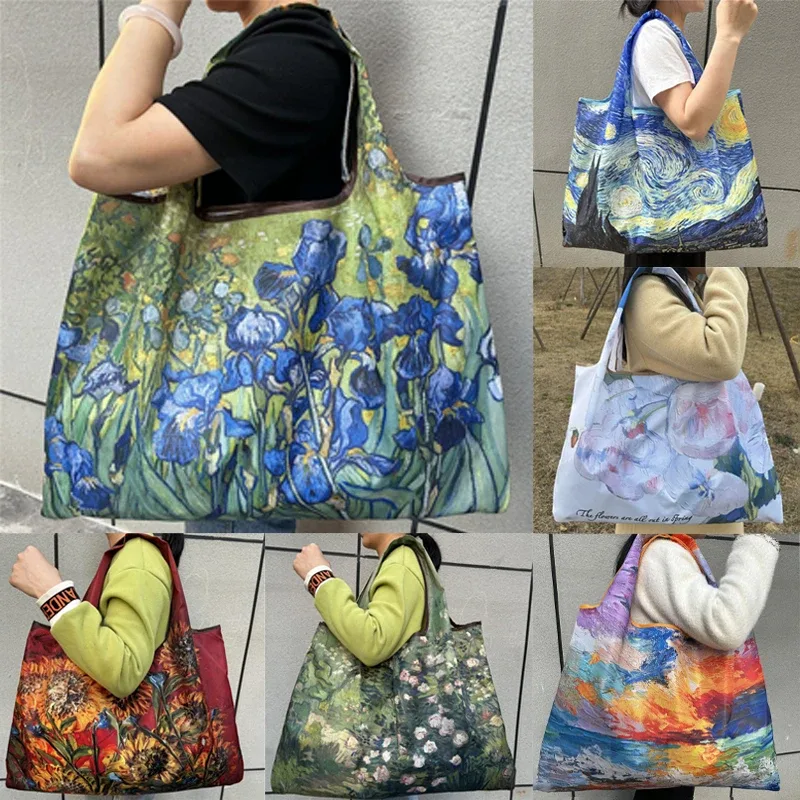 Sac de courses pliable imprimé peinture à l'huile, réutilisable, grande capacité, sac fourre-tout écologique, sac de rangement portable et imperméable