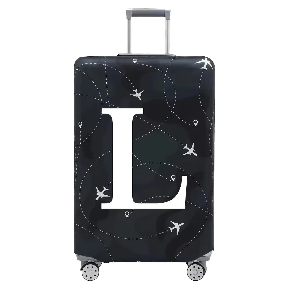 cette housse de valise extensible s'adapte aux valises de 18 à 32 pouces et présente un motif de lettres a-z blanches imprimé sur la surface.