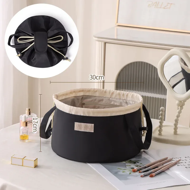 sac de maquillage portable grande capacité avec cordon de serrage, trousse de toilette de voyage, sac de rangement pour pinceaux cosmétiques tendance, en polyester, forme cubique