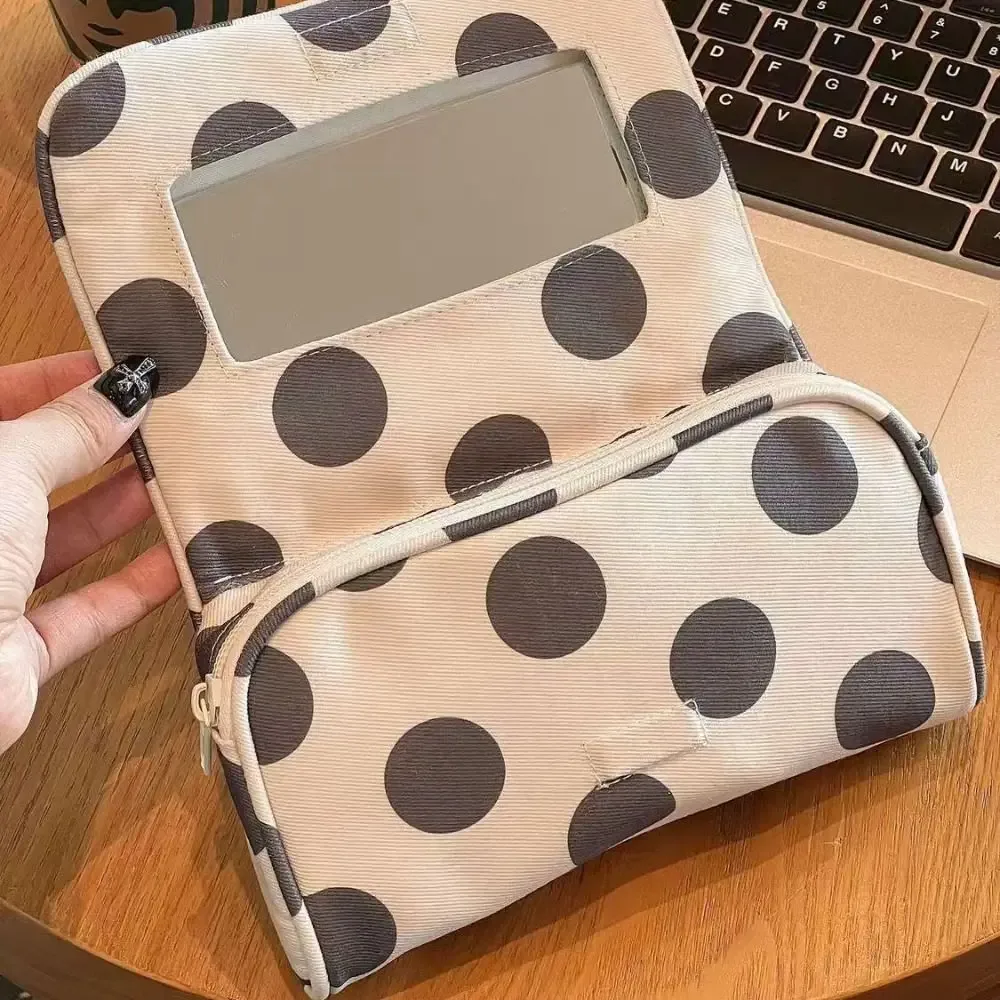 sac à cosmétiques portable en toile à pois, grande capacité avec miroir de maquillage, sac de rangement pour bijoux, sac simple à rayures pour petits articles
