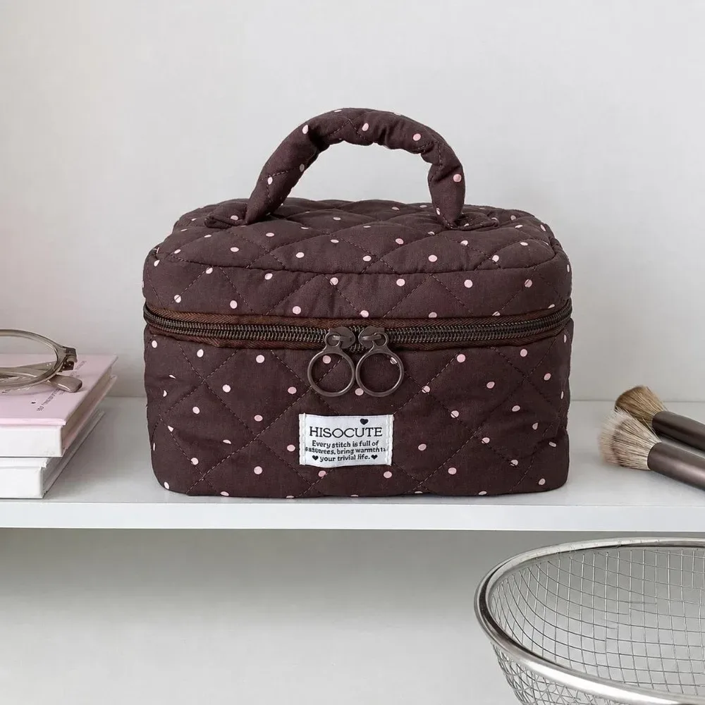 sac de maquillage matelassé à motif à pois kawaii, grande capacité avec poignée, organisateur de toilette de voyage, sac de rangement polyvalent pour femmes