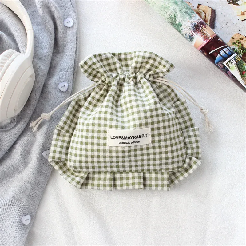 sac à cordon de serrage à carreaux style coréen avec bord festonné, pochette de rangement pour maquillage et bijoux de voyage