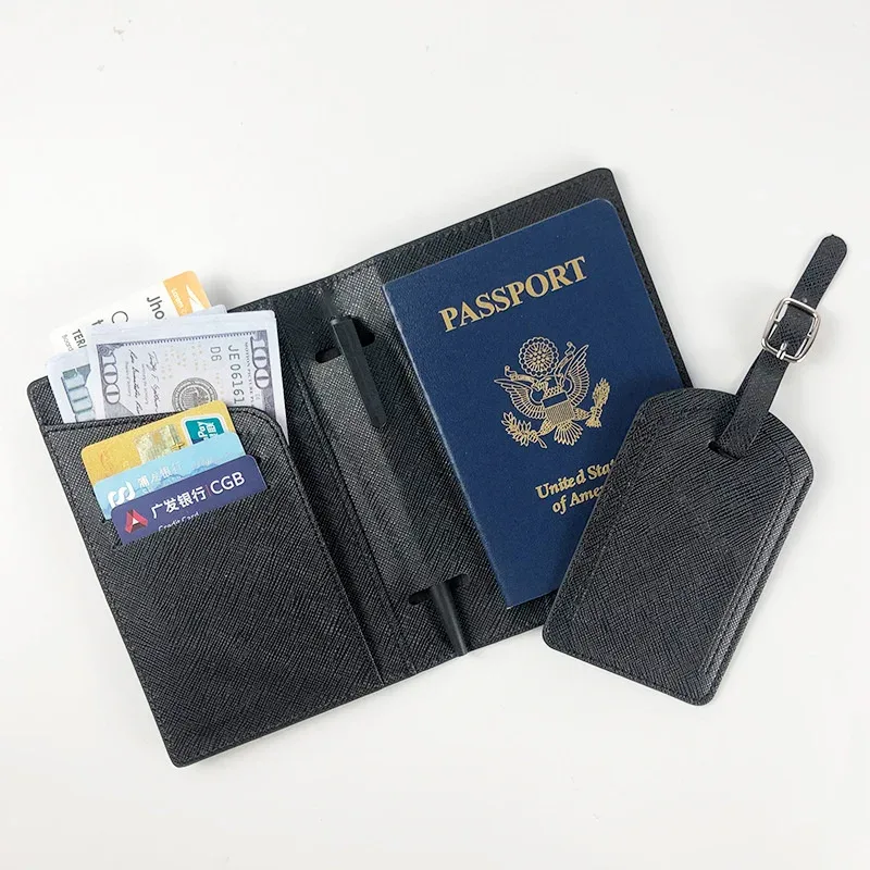 lettres personnalisées saffiano pu cuir voyage passeport couverture bagages étiquette ensemble multifonctionnel stylo billet carte de crédit porte-passeport