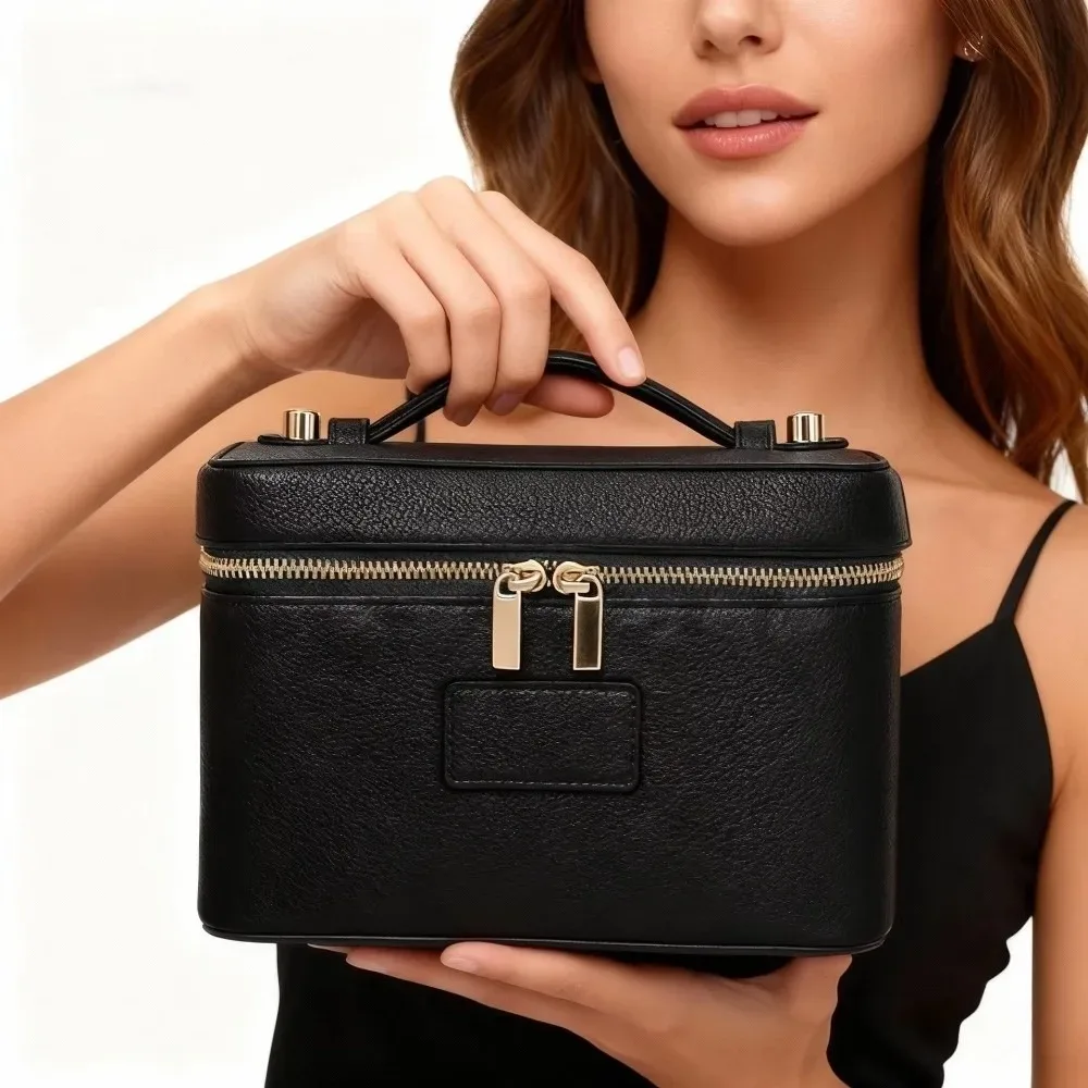sac de maquillage en cuir pu, grande capacité, trousse de toilette étanche, forme carrée, séparateur amovible, sac de rangement pour appareil photo pour femmes et hommes