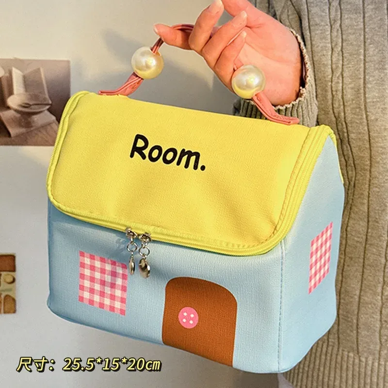grande trousse de maquillage à grande capacité, design mignon en forme de maison, organisateur de maquillage portable avec séparateurs amovibles, étui de voyage résistant à l'eau.