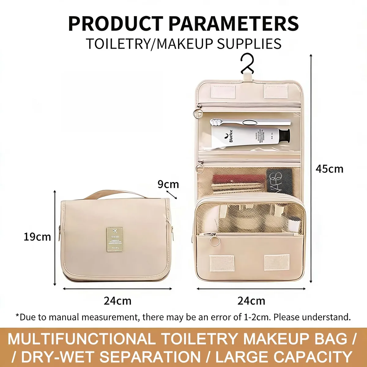 trousse de maquillage de voyage imperméable premium pour femmes – organisateur de toilette suspendu avec crochet, pochette de lavage spacieuse pour salle de bain et compartiment sec/humide