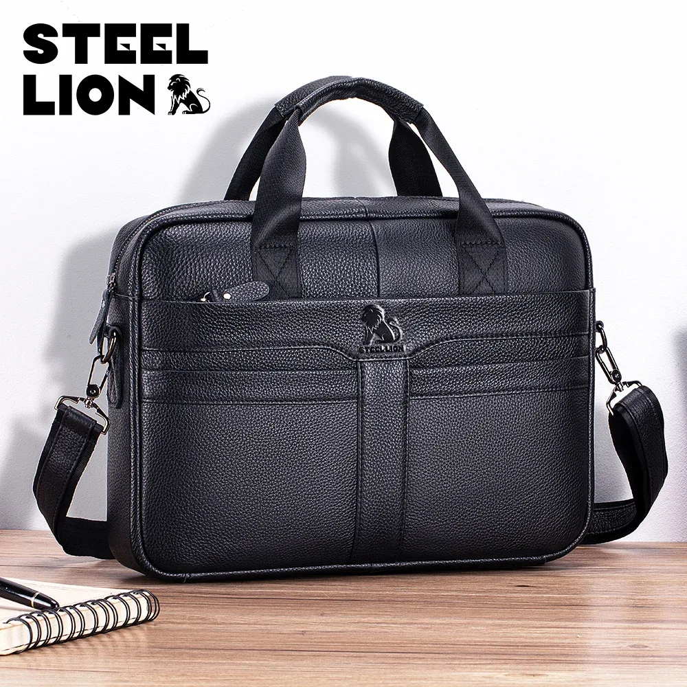 sacoche en cuir pour homme, grande capacité, sac de bureau professionnel, sac pour ordinateur en cuir de vache, peut être porté à la main ou à l'épaule.