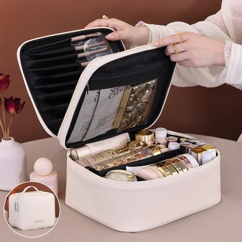 grande trousse de maquillage en cuir pu pour femmes, organisateur de cosmétiques à plusieurs compartiments, sac de rangement imperméable pour pinceaux de maquillage.
