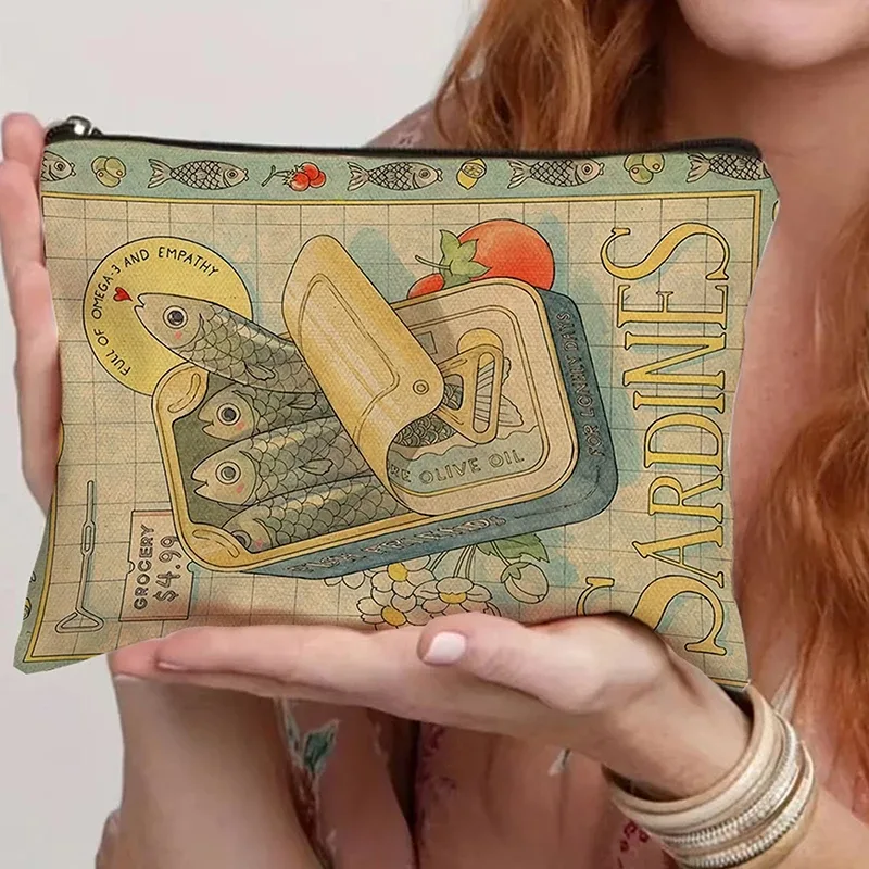sac à cosmétiques en toile vintage, trousse de maquillage simple de grande capacité, pochette de voyage pour femmes, trousse de toilette rétro, design d'huile d'olive de sardines