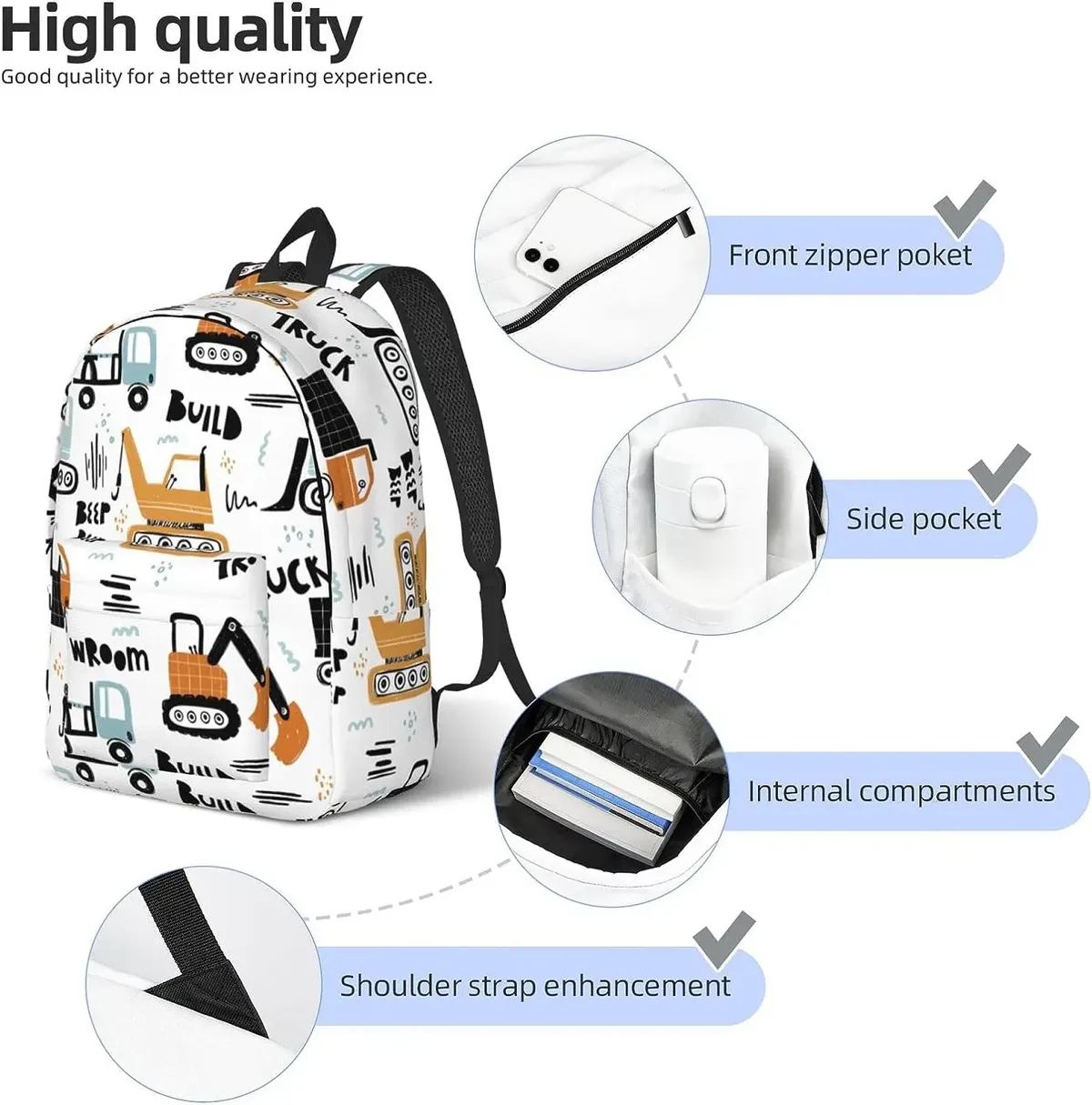 sac à dos en toile de dessin animé léger pour hommes et femmes, sac de voyage décontracté, sac à dos extérieur, sac à dos pour ordinateur portable, camion