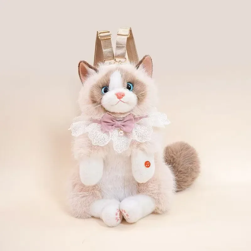sac à dos chat ragdoll en fausse fourrure mignon pour filles, sac à bandoulière réaliste en peluche chaton avec nœud en dentelle, jouet en peluche doux, cadeau