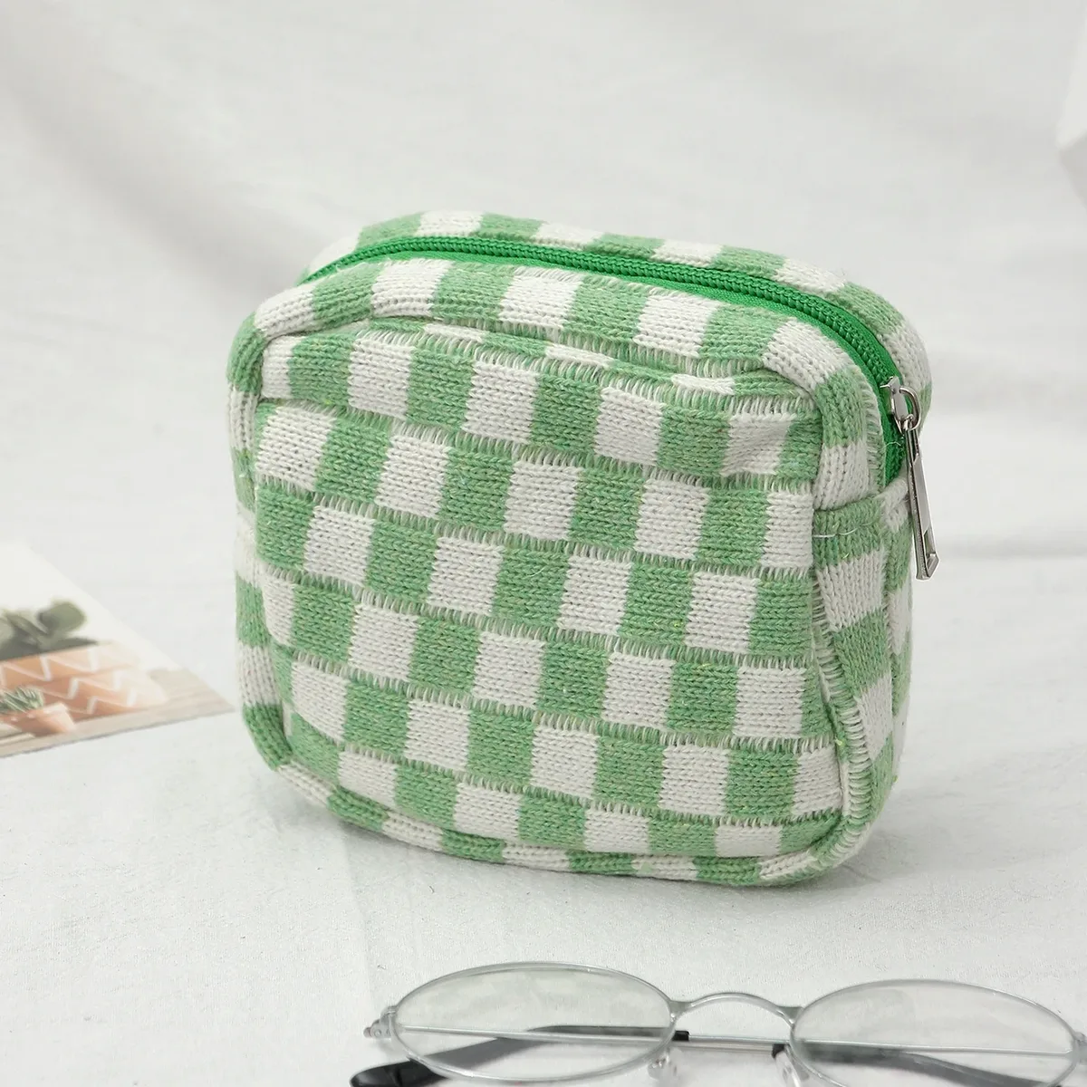 sac à cosmétiques en damier, sac de rangement de toilette tricoté, pochette de maquillage colorée, organisateur, sac à cosmétiques à motif à carreaux