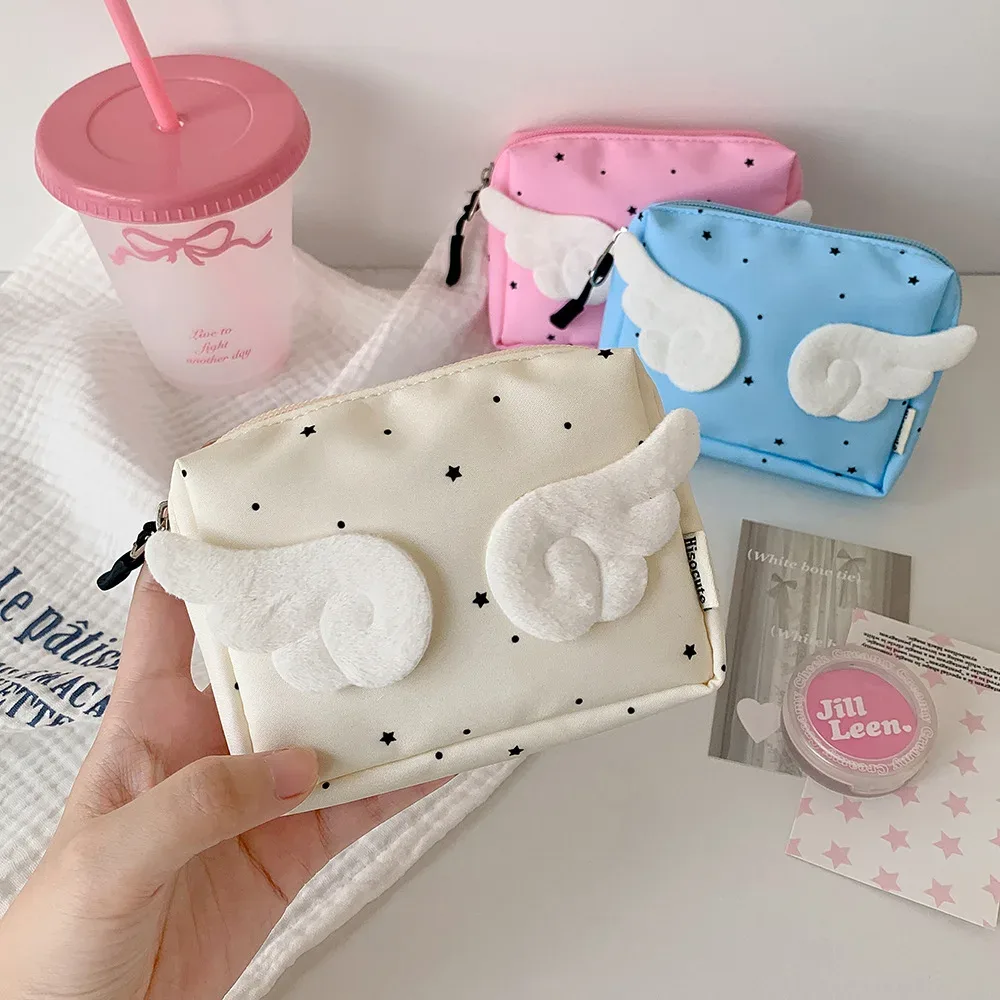 sac à main ailes pour femmes, petite trousse de maquillage, sac de rangement utile, pochette de papeterie, décor d'ange de dessin animé doux, mini sac de poche portable mignon