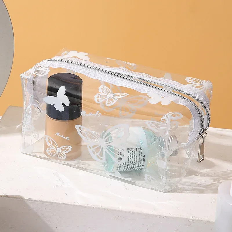 sac de maquillage transparent en pvc imprimé papillon pour femmes, sac de rangement octogonal pour cosmétiques, sac de lavage étanche de grande capacité pour voyage