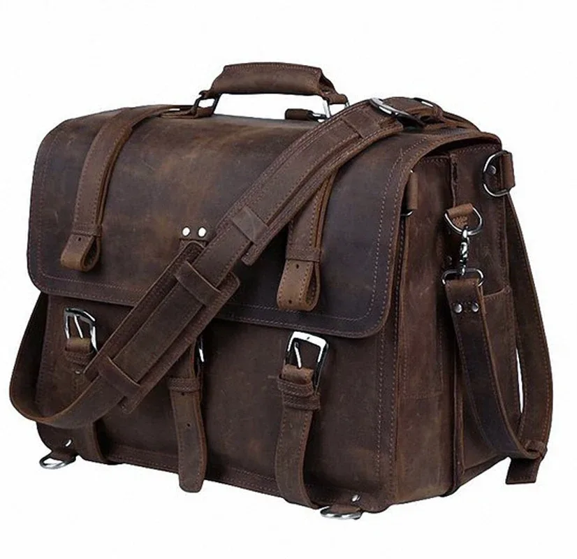 porte-documents en cuir véritable crazy horse vintage pour homme, sac d'affaires, grand porte-documents en cuir, sac à bandoulière pour ordinateur portable 15,6 pouces, sac de bureau