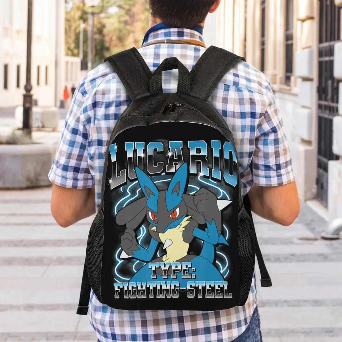 sacs à dos pokemon lucario type fighting steel poster daypack mochila office work sac à dos à fermeture éclair