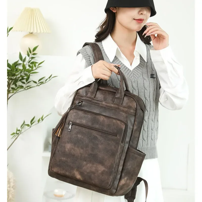 sac à dos cuir pu vintage dames – conçu pour ordinateur 15.6 pouces, parfait comme daypack collège, sac bureau
