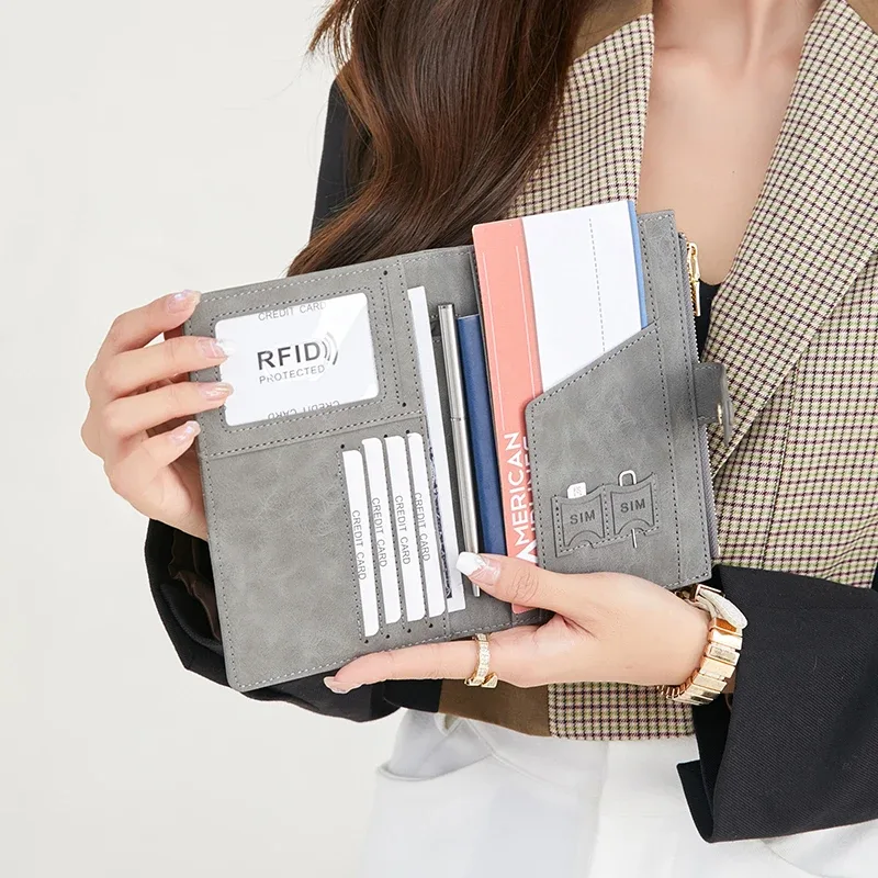 sac de passeport bloquant rfid, couleur unie pu, portefeuille à boucle zippée, porte-carte de billet, porte-passeport de voyage multifonctionnel