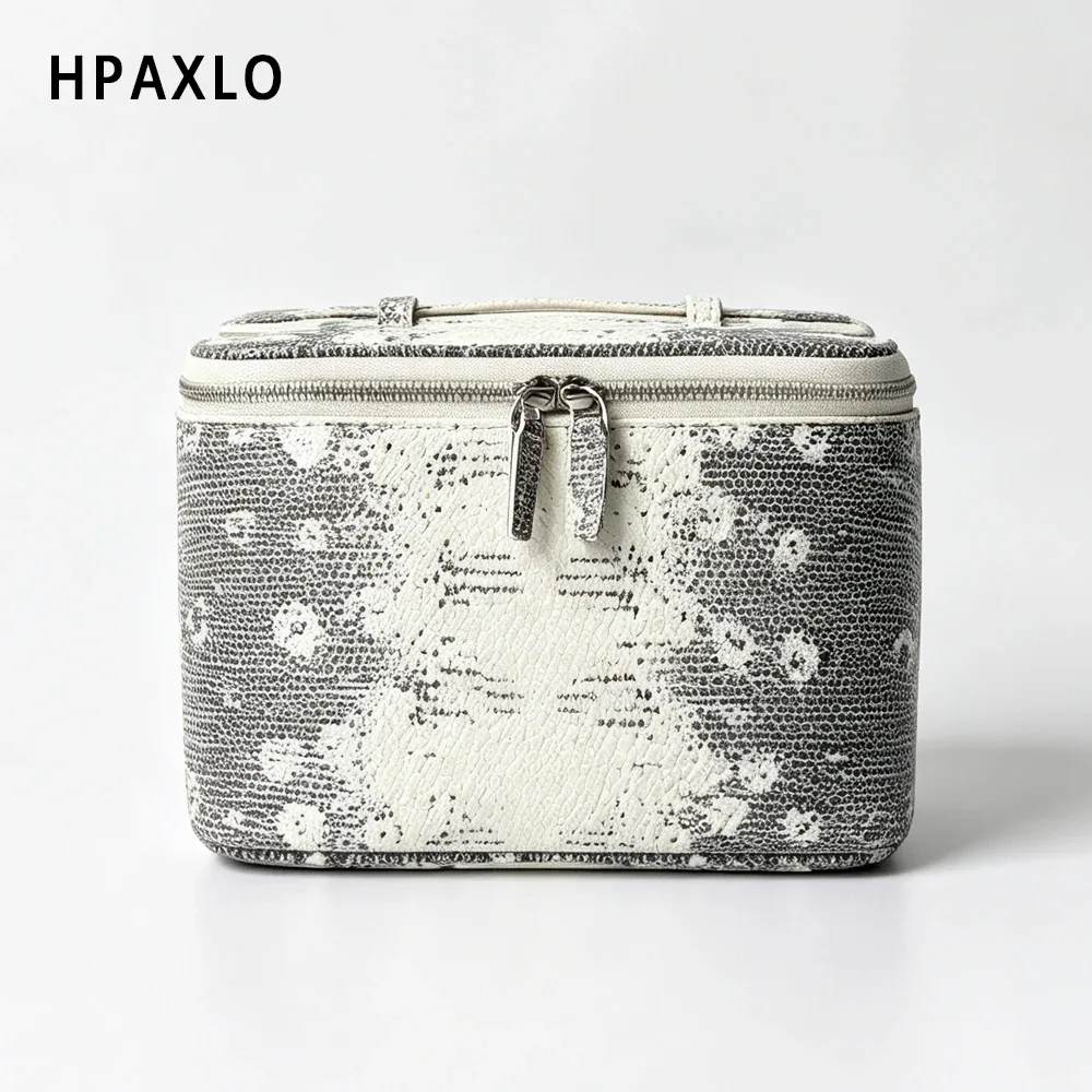 Trousse de toilette en cuir véritable gaufré effet lézard, trousse de maquillage de voyage, organiseur portable pour femmes, pochette pour cosmétiques