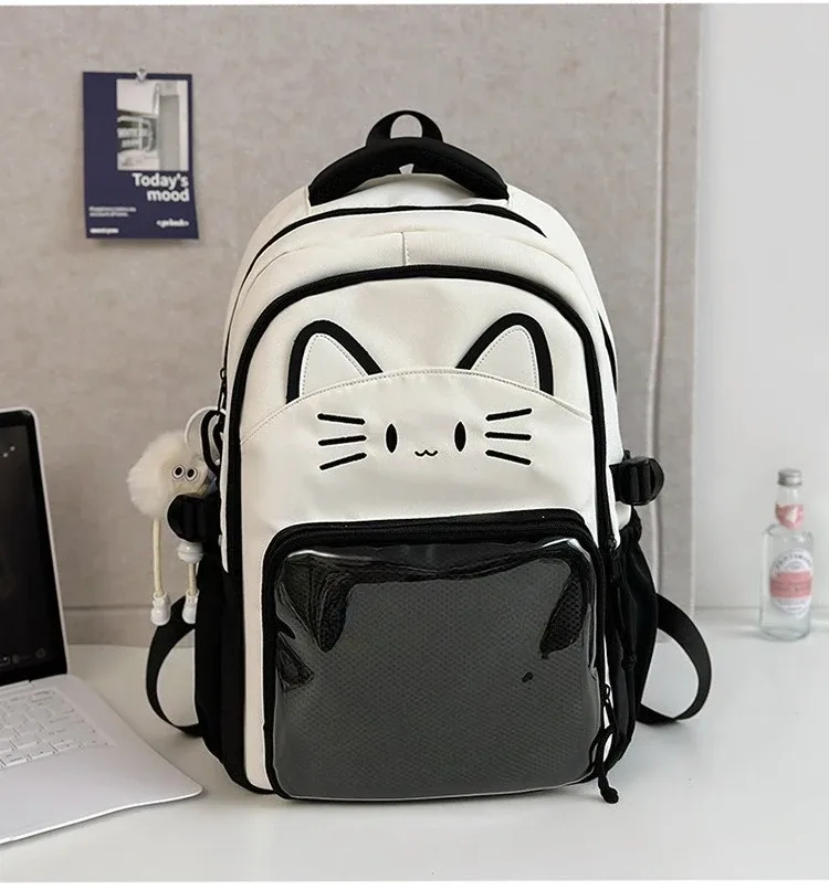 sac à dos imprimé chat kawaii pour adolescentes, sac d'école imperméable de grande capacité, sac à dos de voyage mignon de couleur contrastée avec pendentif en peluche