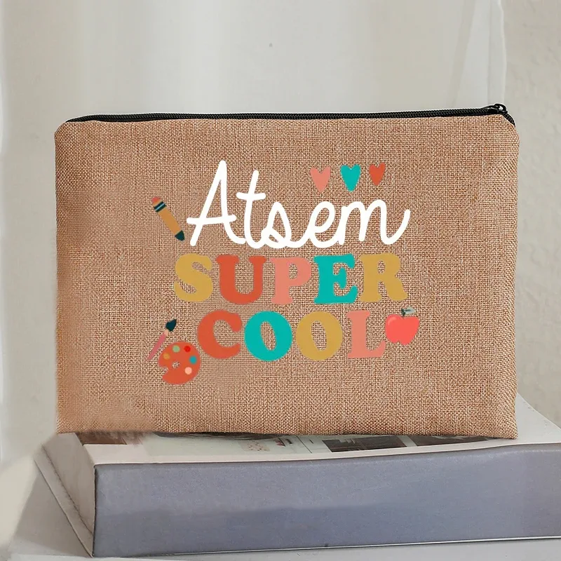 super atsem maitresse – trousse de toilette en lin, fermeture éclair, fournitures de bureau, trousse à crayons, portefeuille, sacs de maquillage polyvalents, cadeau pour les enseignants